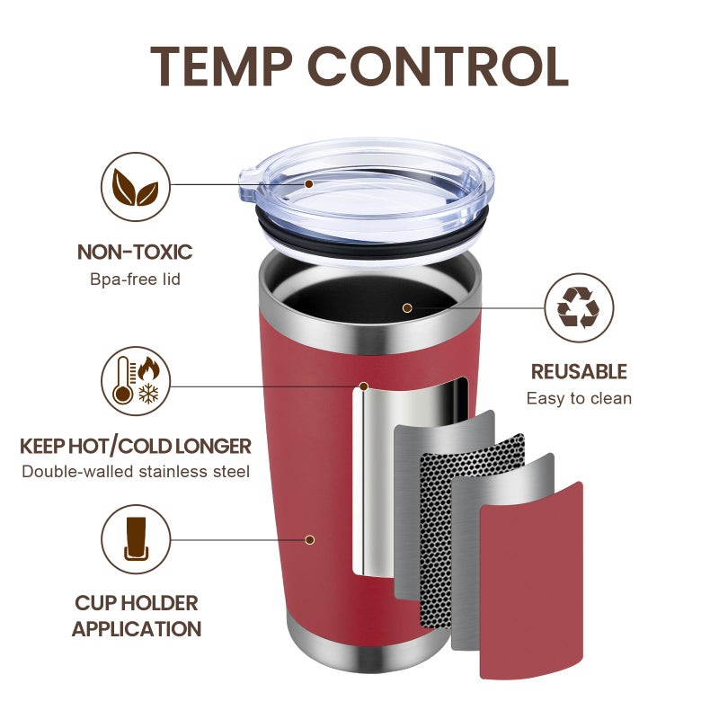 MEWAY 20oz Tumbler 8 Pack Double Wall Vacuum Insulated Travel Mug Bulk, Stainless Steel Tumblers with Lid and Straw, Powder Coated Coffee Cups for Cold & Hot Drinks (Red, Set of 8) - Image 2